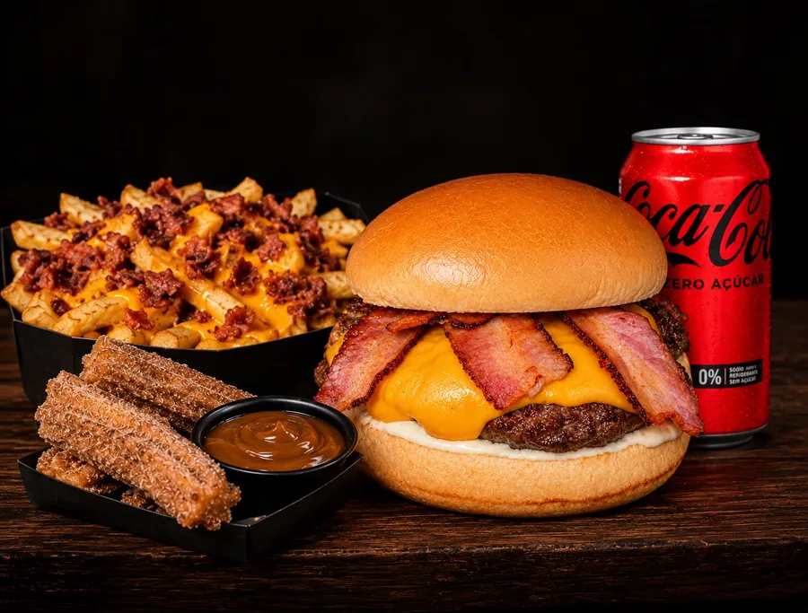 Combo Promocional KSB — lanche, batata com bacon e cheddar, refri e sobremesa